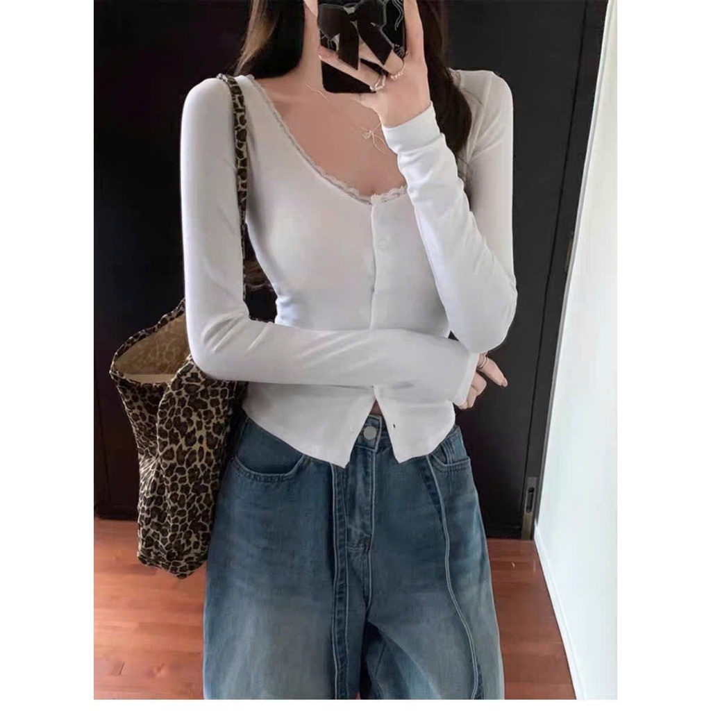 [CÓ SIZE] Áo Thun Dài Tay Cổ Tim Ren RANSHI Ôm Body Sexy Quyến Rũ Chất Thun Cotton