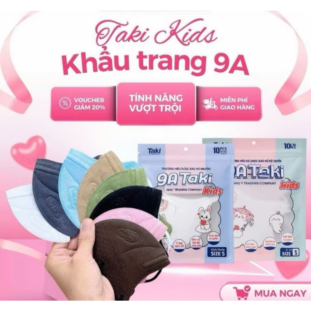 Thùng 100 Cái - Khẩu Trang 9A Kids Taki Dày Dặn 4 Lớp  Che Nắng -Chống Tia Uv  Dành Cho Bé
