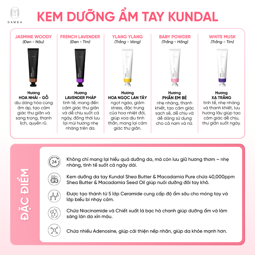 Kem dưỡng ẩm tay KUNDAL SHEA BUTTER & MACADAMIA PURE HAND CREAM WHITE MUSK 50ml | DAMDAVN