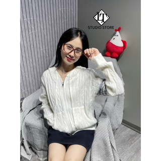 LT - Áo khoác len dài tay, hoodie mũ, chất len xoắn thừng quảng châu free size 1253