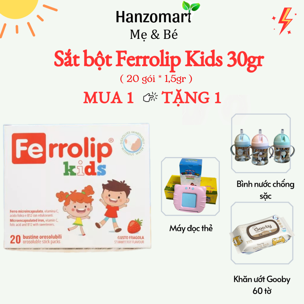 Sắt ferrolip kids sinh học Bổ Sung Sắt Dạng Liposome Vitamin Dễ Hấp Thu Không Tanh Vị Dâu Hộp 20 Gói
