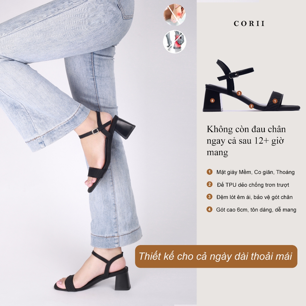 CORII - Giày Sandal Cao Gót Quai Ngang Bản Nhỏ Mũi Vuông Gót 6cm Thời Trang và Thoải Mái Nhất - CR6FT61 Đen