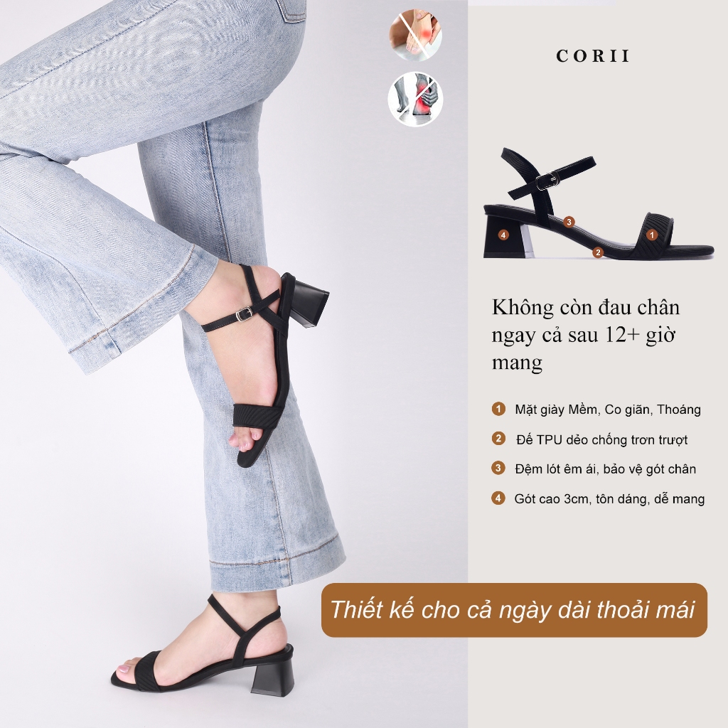 CORII - Giày Sandal Cao Gót Quai Ngang Bản Nhỏ Mũi Vuông Gót 3cm Thời Trang và Thoải Mái Nhất - CR6FT31 Đen