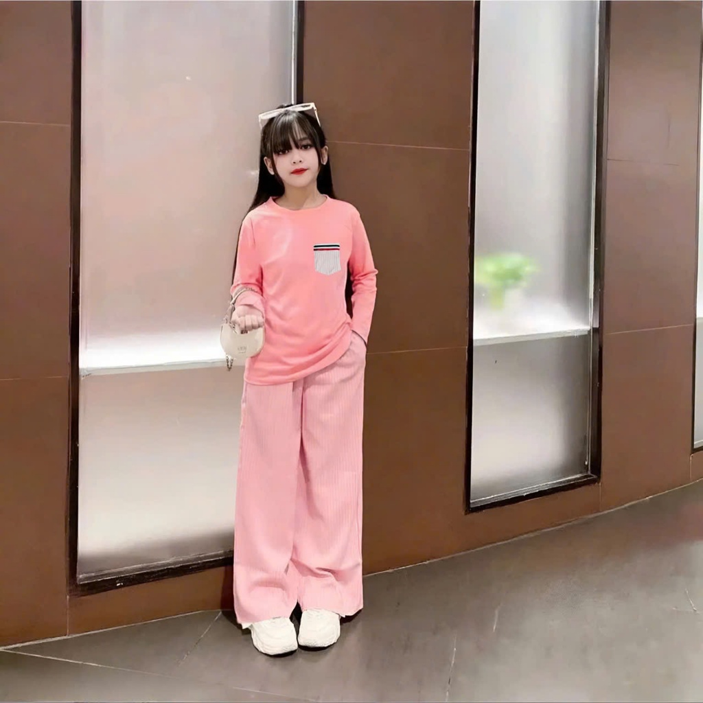 4-15 TUỔI. Bộ quần áo thu đông dài tay cho bé gái đính túi ngực chất vải thun tăm mềm mịn co giãn thoải mái. M44