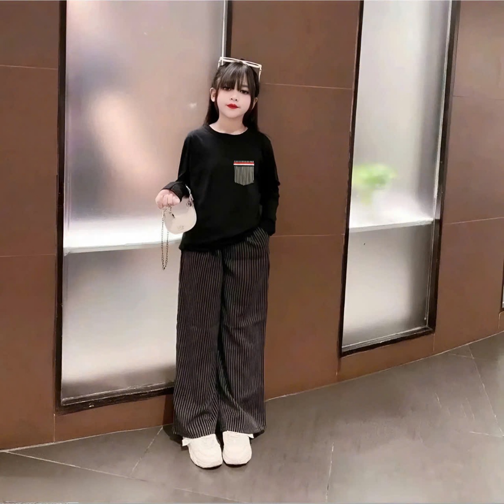 4-15 TUỔI. Bộ quần áo thu đông dài tay cho bé gái đính túi ngực chất vải thun tăm mềm mịn co giãn thoải mái. M44
