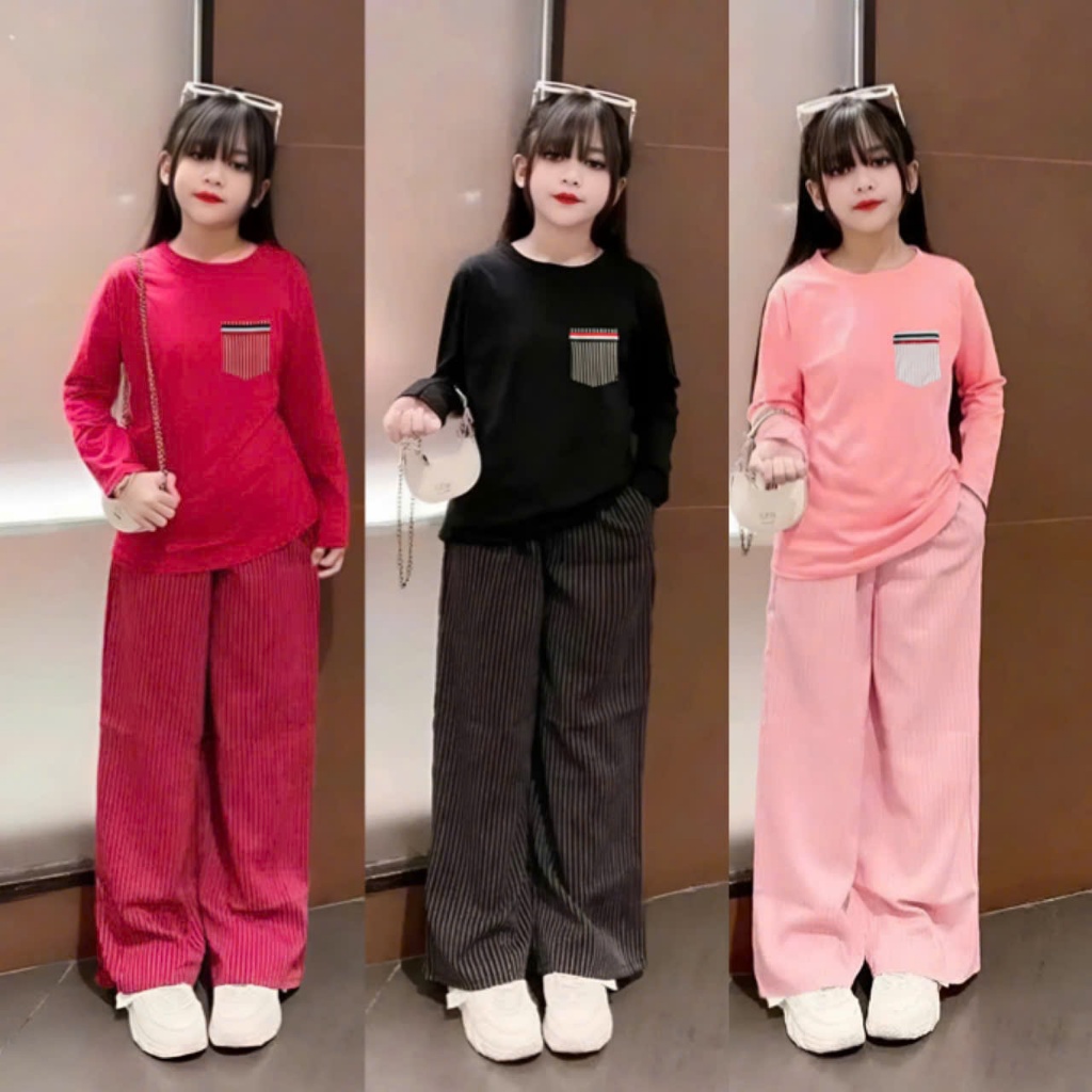 4-15 TUỔI. Bộ quần áo thu đông dài tay cho bé gái đính túi ngực chất vải thun tăm mềm mịn co giãn thoải mái. M44