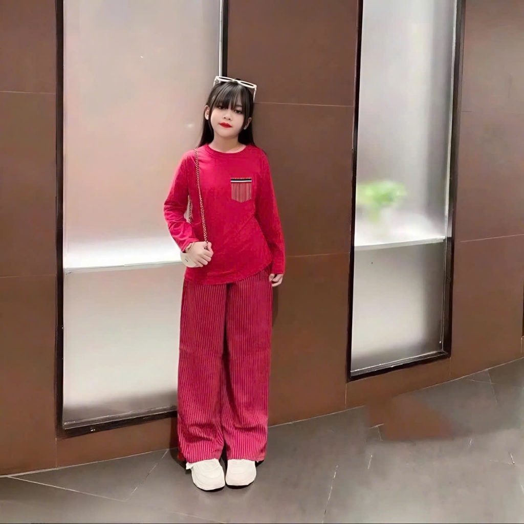 4-15 TUỔI. Bộ quần áo thu đông dài tay cho bé gái đính túi ngực chất vải thun tăm mềm mịn co giãn thoải mái. M44