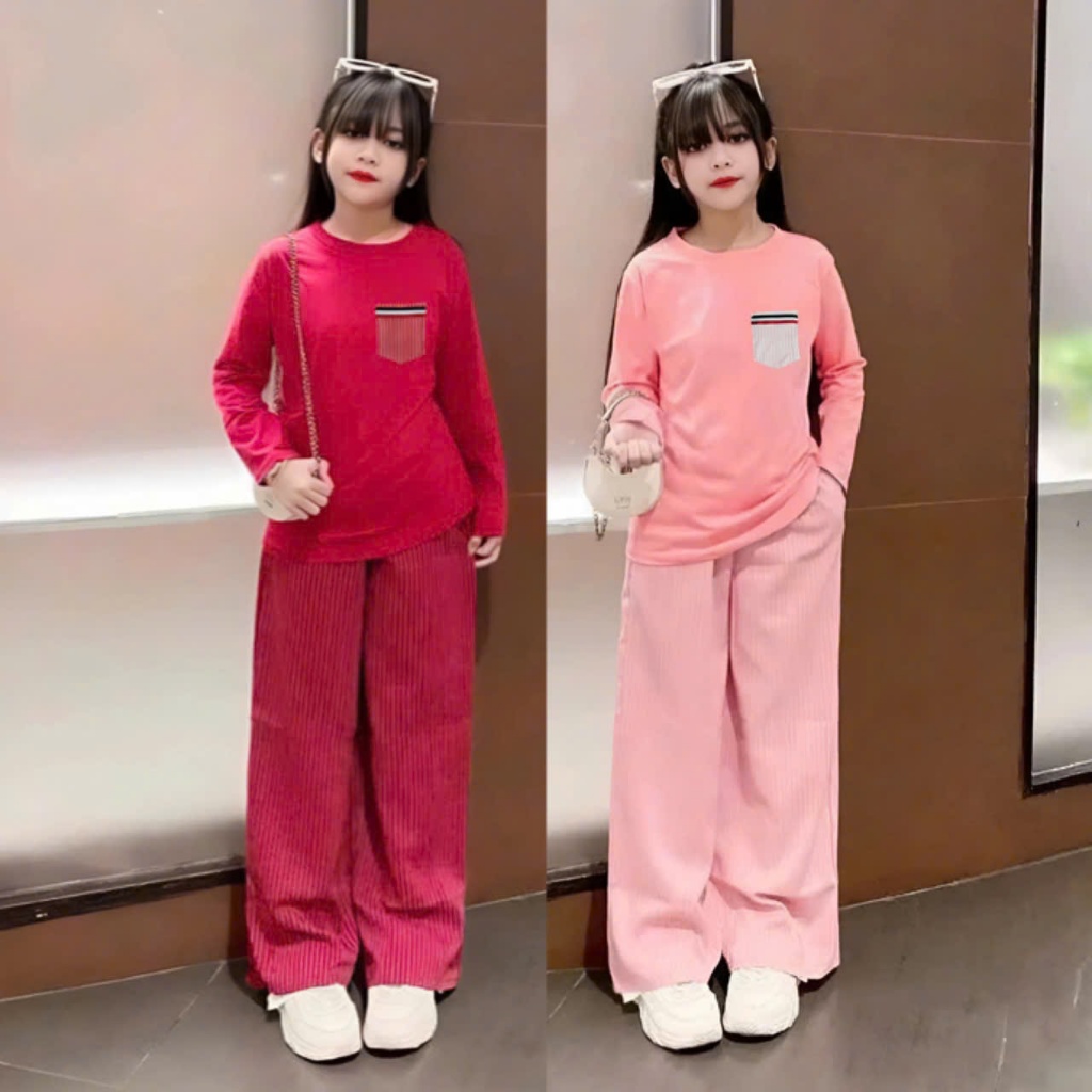 4-15 TUỔI. Bộ quần áo thu đông dài tay cho bé gái đính túi ngực chất vải thun tăm mềm mịn co giãn thoải mái. M44