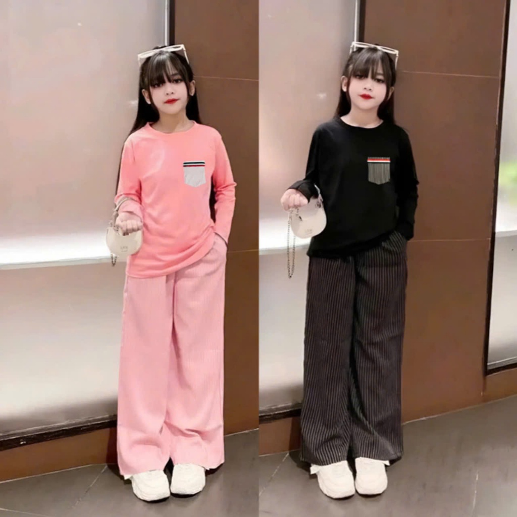 4-15 TUỔI. Bộ quần áo thu đông dài tay cho bé gái đính túi ngực chất vải thun tăm mềm mịn co giãn thoải mái. M44