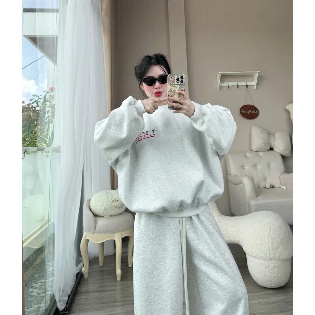 Áo sweater nữ cổ tron Nỉ Bông dày dặn In Cờ Mi SSLID xanh đỏ in Trước sau siêu xinh