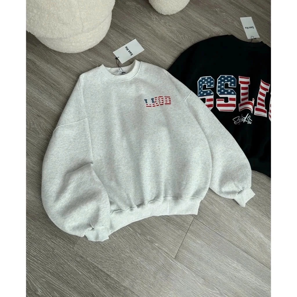 Áo sweater nữ cổ tron Nỉ Bông dày dặn In Cờ Mi SSLID xanh đỏ in Trước sau siêu xinh