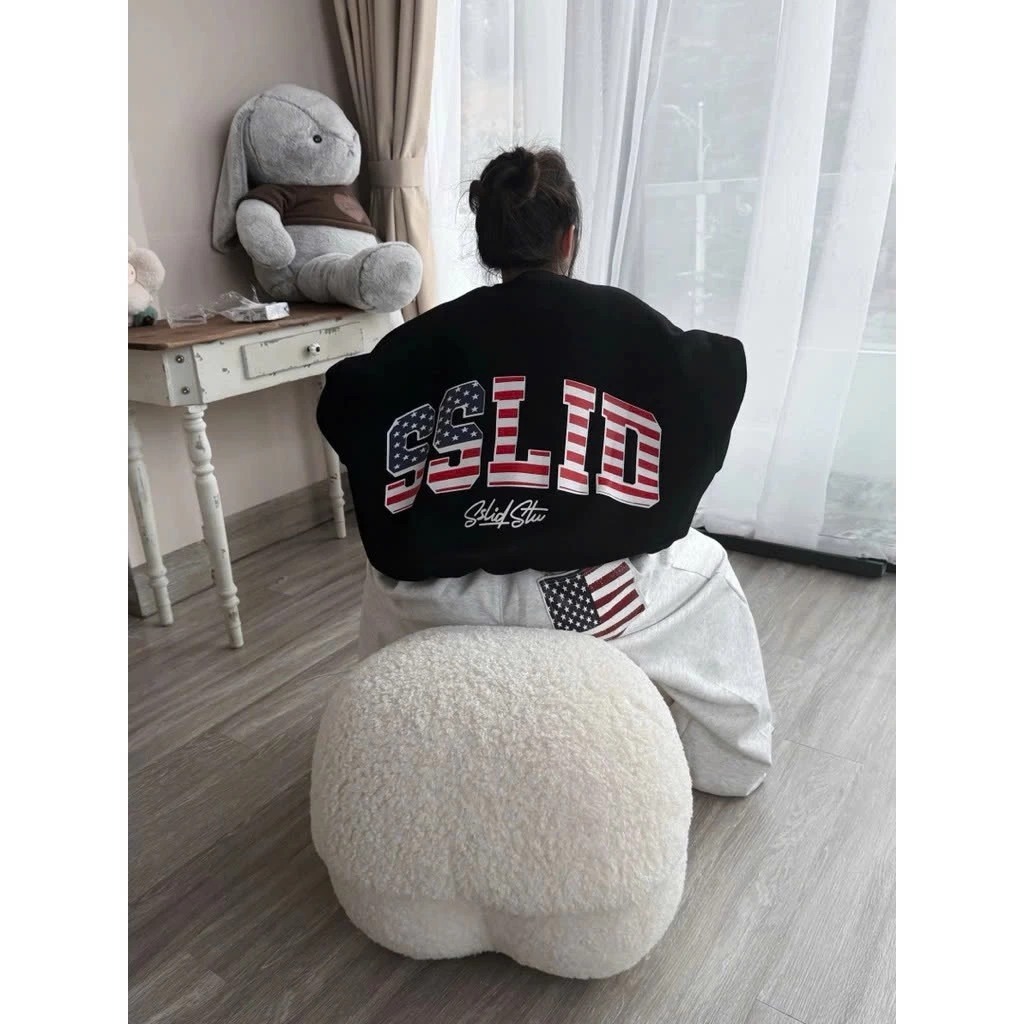 Áo sweater nữ cổ tron Nỉ Bông dày dặn In Cờ Mi SSLID xanh đỏ in Trước sau siêu xinh