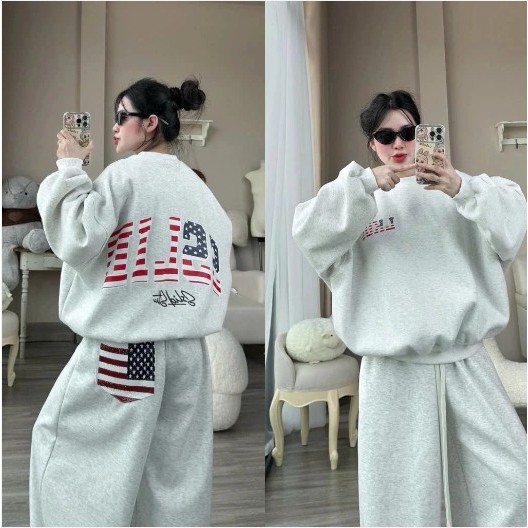 Áo sweater nữ cổ tron Nỉ Bông dày dặn In Cờ Mi SSLID xanh đỏ in Trước sau siêu xinh