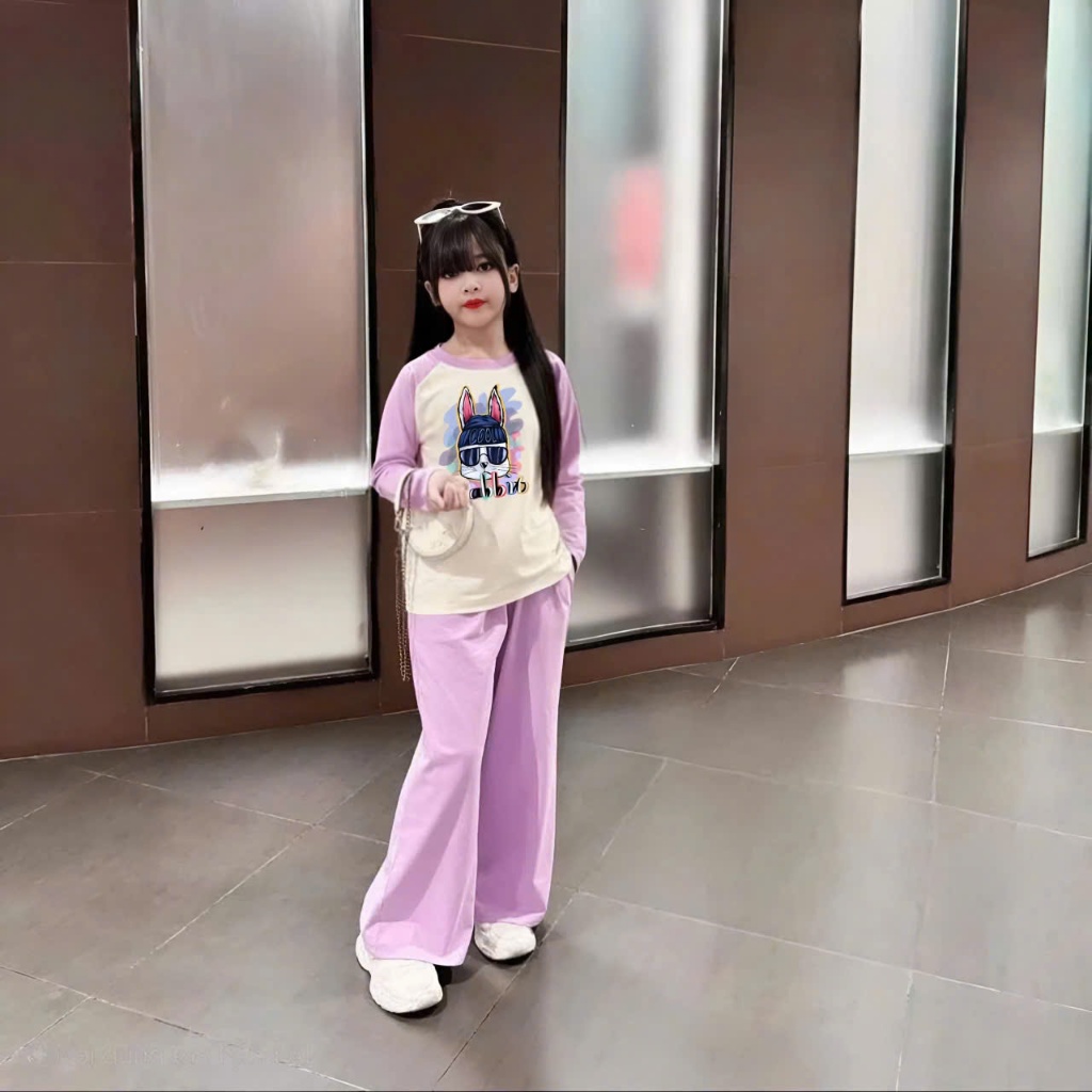 4-15 TUỔI. Bộ quần áo thu đông dài tay cho bé gái in hình thỏ rabit chất vải thun tăm mềm mịn co giãn thoải mái. M45