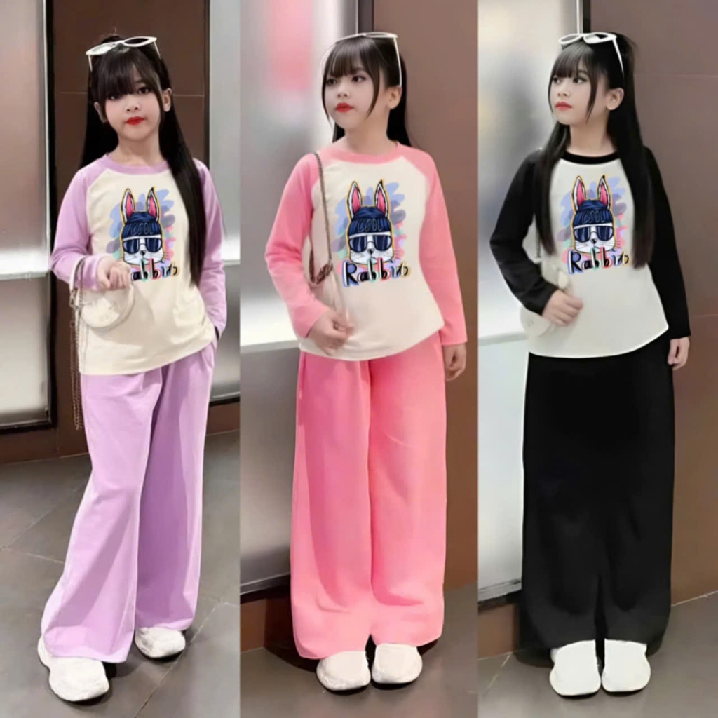 4-15 TUỔI. Bộ quần áo thu đông dài tay cho bé gái in hình thỏ rabit chất vải thun tăm mềm mịn co giãn thoải mái. M45