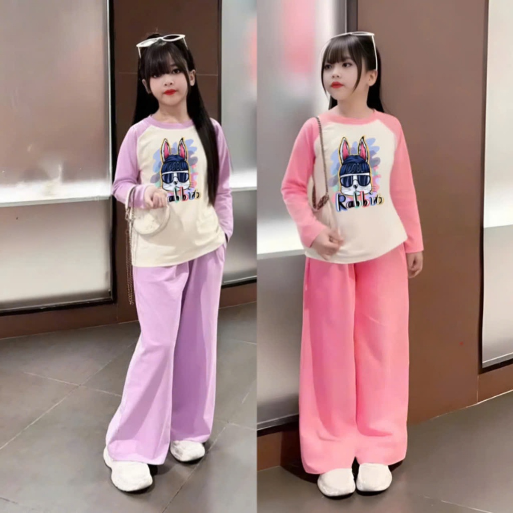 4-15 TUỔI. Bộ quần áo thu đông dài tay cho bé gái in hình thỏ rabit chất vải thun tăm mềm mịn co giãn thoải mái. M45