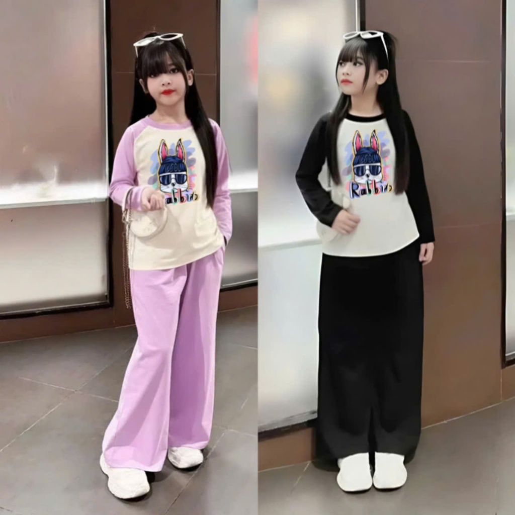 4-15 TUỔI. Bộ quần áo thu đông dài tay cho bé gái in hình thỏ rabit chất vải thun tăm mềm mịn co giãn thoải mái. M45