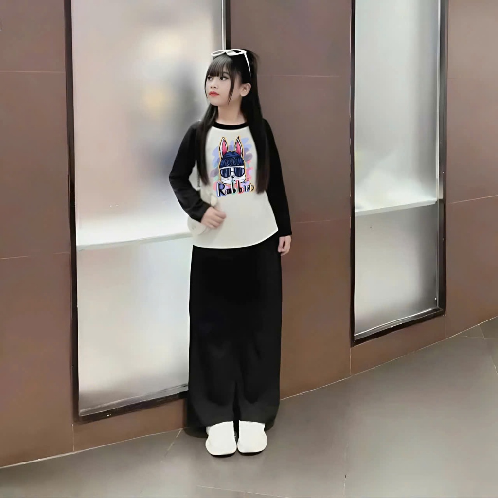 4-15 TUỔI. Bộ quần áo thu đông dài tay cho bé gái in hình thỏ rabit chất vải thun tăm mềm mịn co giãn thoải mái. M45