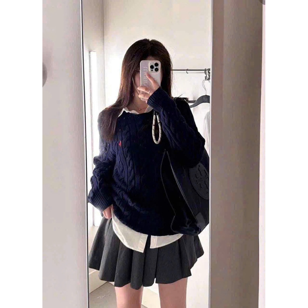 [Sẵn Hàng] Áo len nữ cổ tròn màu than thêu ngựa chất len dày dặn giữ ấm tốt phối đồ đẹp Hàng Chuẩn Xịn