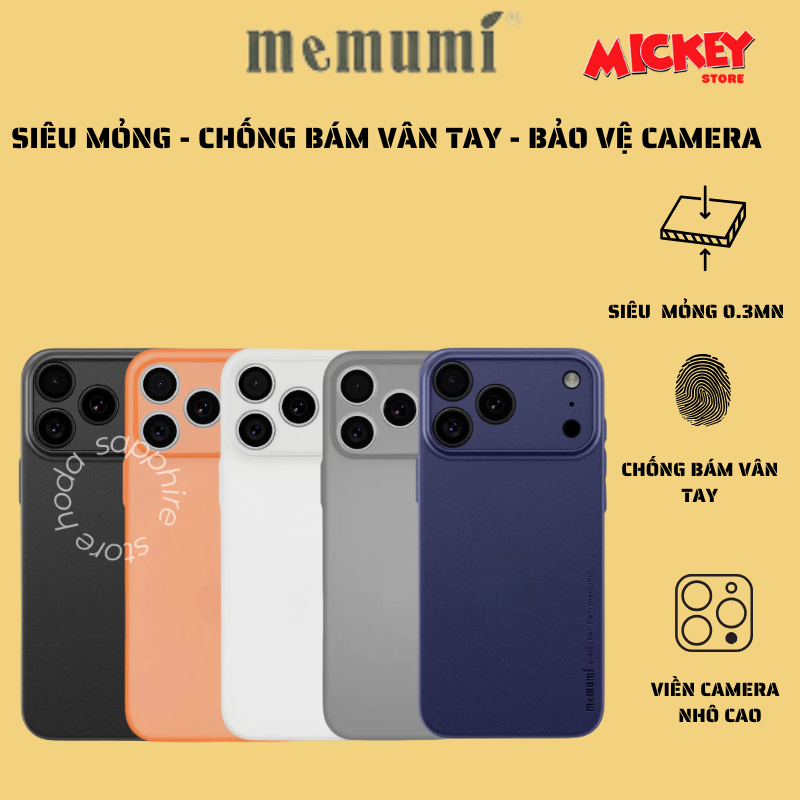Ốp Memumi  siêu mỏng lưng mờ chống vân tay bảo vệ camera 17Promax 17Pro 17Air 12 13 14 15/16Pro Plus