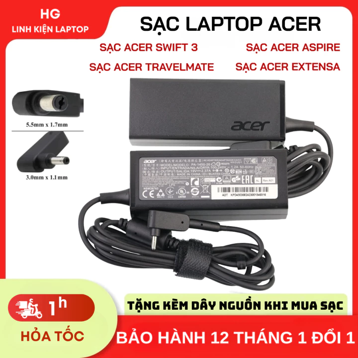 Sạc laptop ACER Aspire 5 Aspire 3 Extensa TravelMate 2.37A/3.42A/4.74A Chân sạc nhỏ 3.0*1.1mm/ Chân sạc to 5.5*1.7mm