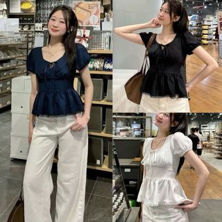Áo babydoll tay phồng cổ tim dáng xòe nhẹ nữ tính màu trắng đen xanh VANISA CT448