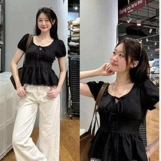 Áo babydoll nữ trắng cổ tim tay ngắn phồng nhẹ thun mỏng dáng suông màu trắng đen xanh VANISA CT448