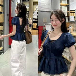 Áo nữ tay phồng cổ tim phối dây dáng peplum viền ren xinh xắn màu trắng đen xanh VANISA CT448