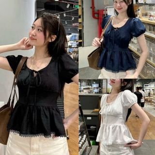 Áo nữ tay phồng babydoll dáng suông nhẹ cổ tim phối ren đẹp 3 màu VANISA CT448