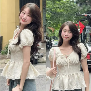 Áo nữ tay phồng cổ tim phối dây dáng peplum viền ren xinh xắn màu trắng đen xanh VANISA CT448
