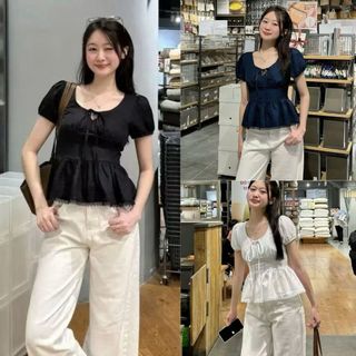 Áo babydoll nữ trắng cổ tim tay ngắn phồng nhẹ thun mỏng dáng suông màu trắng đen xanh VANISA CT448