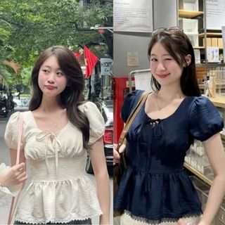 Áo nữ tay phồng cổ tim phối dây dáng peplum viền ren xinh xắn màu trắng đen xanh VANISA CT448