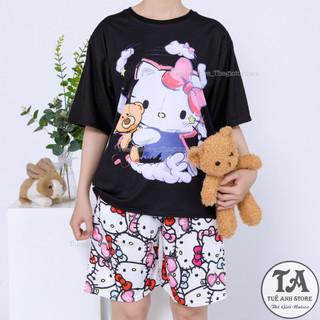 Set bộ Mèo Hello Kitty quần short lững áo cotton hoạt hình Mặc nhóm Đi Biển - Bộ mặc nhà Cartoon form rộng Unisex nam nữ