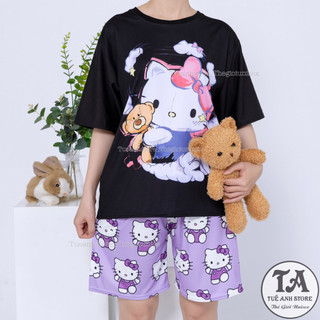 Set bộ Mèo Hello Kitty quần short lững áo cotton hoạt hình Mặc nhóm Đi Biển - Bộ mặc nhà Cartoon form rộng Unisex nam nữ
