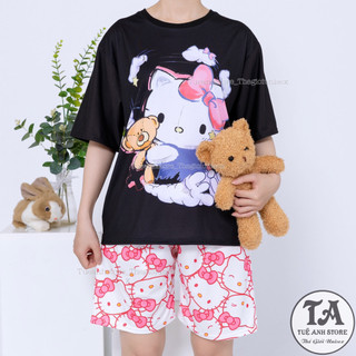 Set bộ Mèo Hello Kitty quần short lững áo cotton hoạt hình Mặc nhóm Đi Biển - Bộ mặc nhà Cartoon form rộng Unisex nam nữ