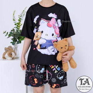 Set bộ Mèo Hello Kitty quần short lững áo cotton hoạt hình Mặc nhóm Đi Biển - Bộ mặc nhà Cartoon form rộng Unisex nam nữ