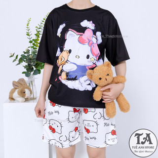 Set bộ Mèo Hello Kitty quần short lững áo cotton hoạt hình Mặc nhóm Đi Biển - Bộ mặc nhà Cartoon form rộng Unisex nam nữ