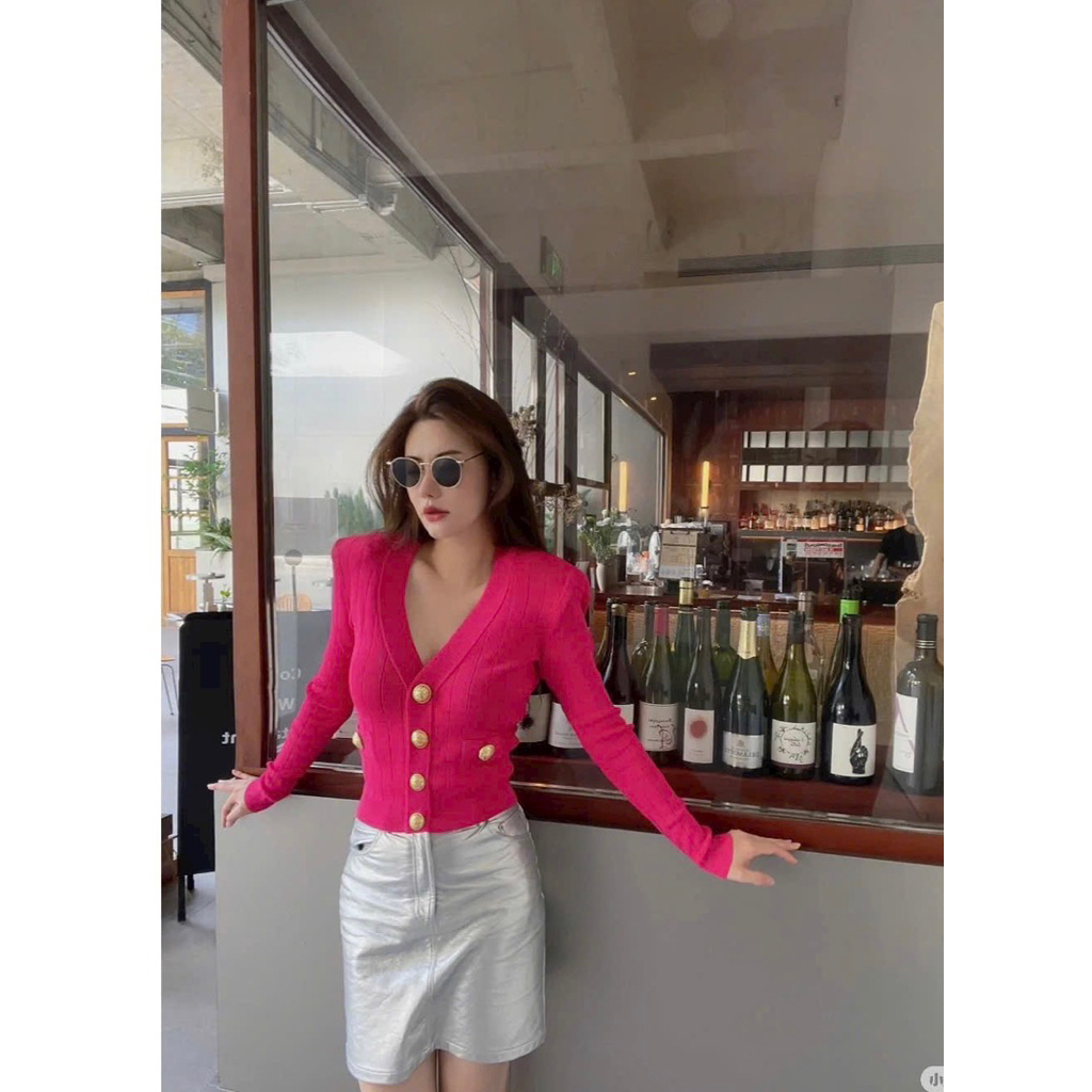 Áo len nút tay dài màu hồng sieu câp