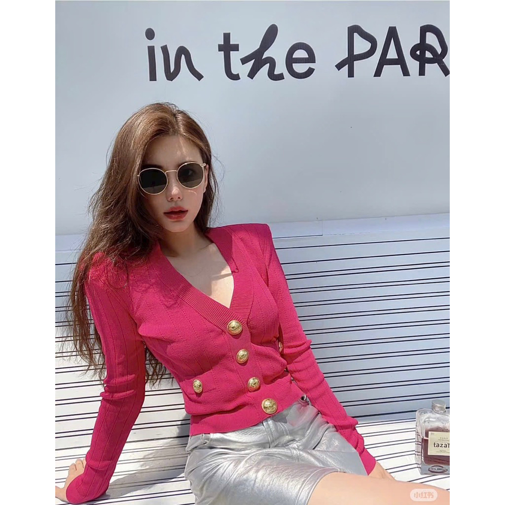 Áo len nút tay dài màu hồng sieu câp