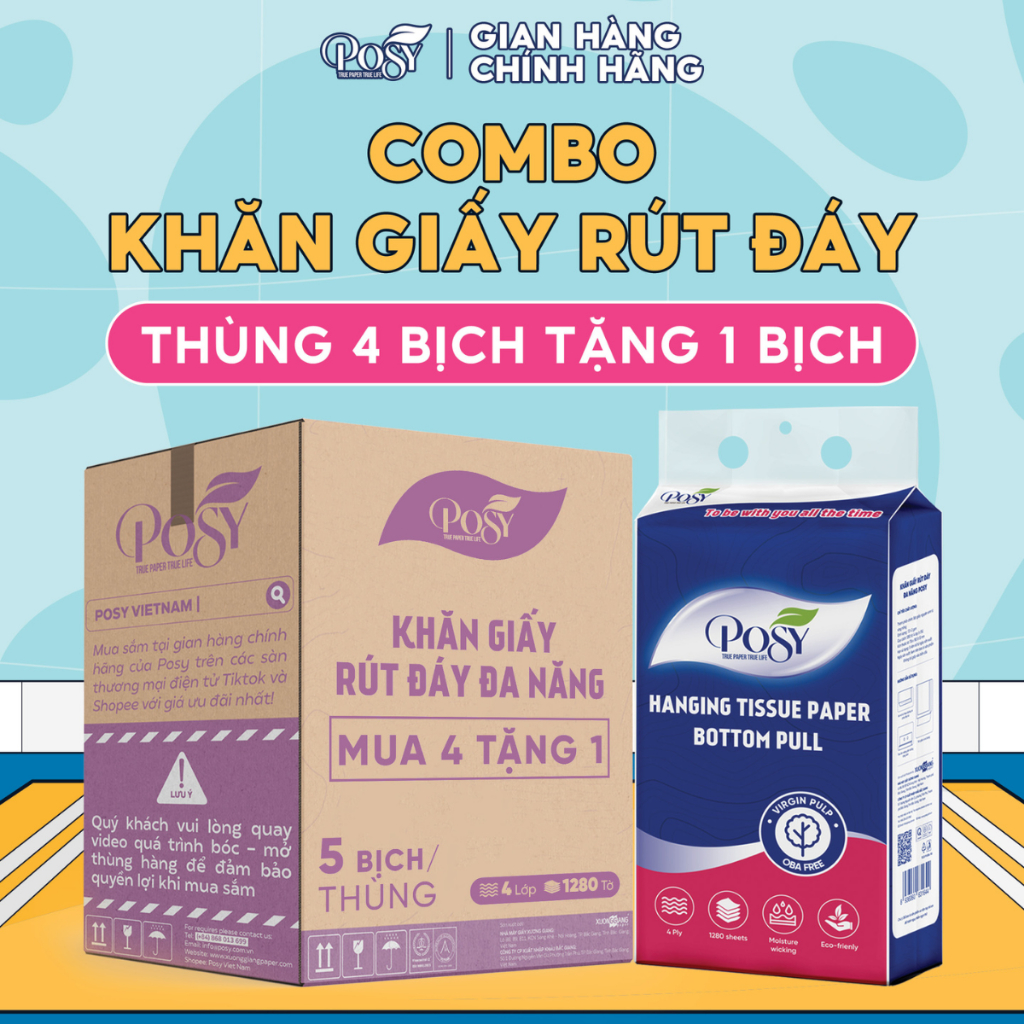 [THÙNG 5 BỊCH] - KHĂN GIẤY TREO TƯỜNG POSY thùng 4 bịch, combo 4 bịch khăn giấy rút đáy đa năng 1280 tờ 4 lớp