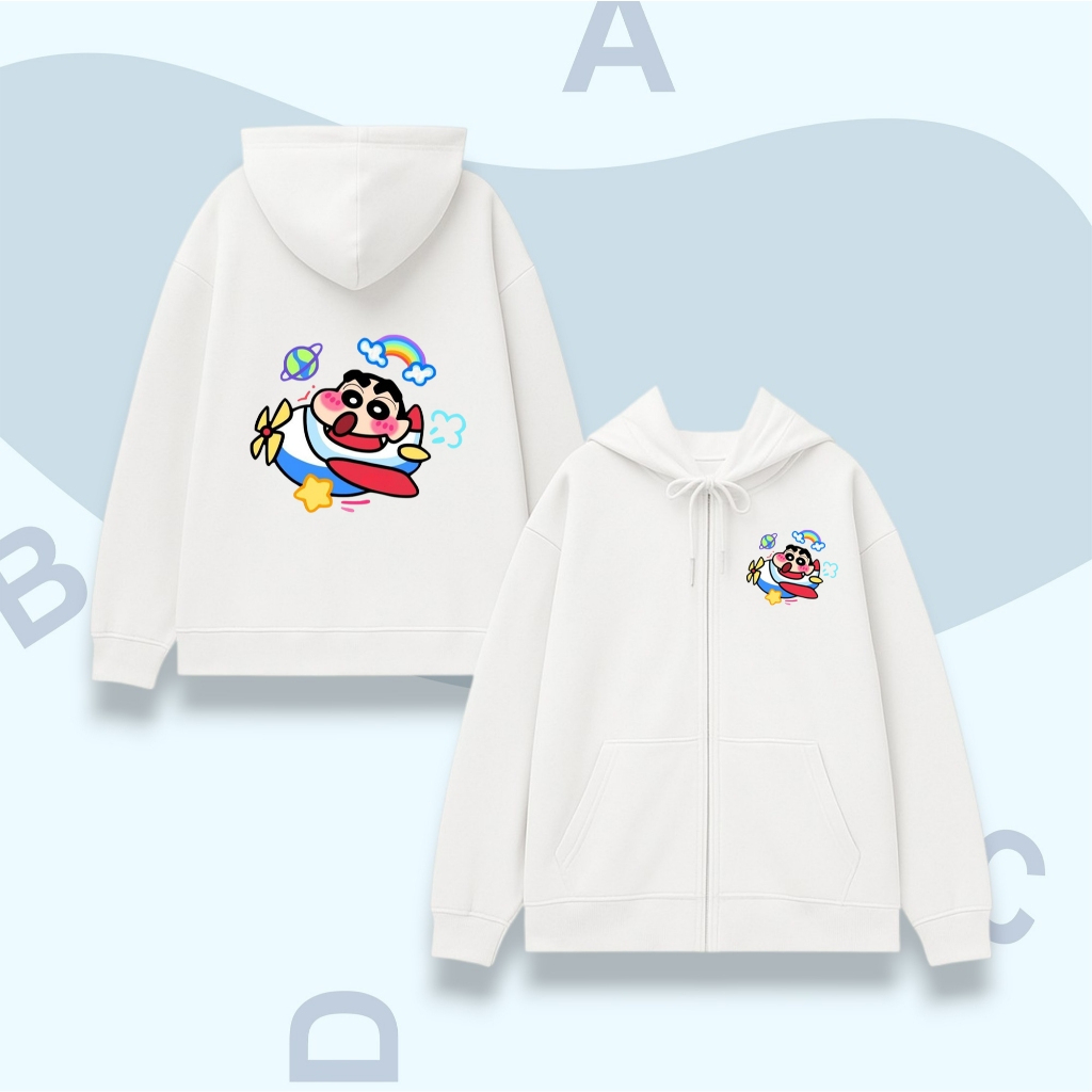 Áo Khoác Nỉ Cotton Ấm Áp Cho Bé – Có Túi Bên Trong, Hình Shin Lái Máy Bay Và Cầu Vồng (M 283)