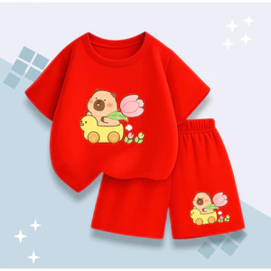 Bộ Quần Áo Cotton Bé Trai Bé Gái – Hình CapyBara Ngồi Xe Vịt Cầm Hoa, Mát Mẻ Thoải Mái (M 284)