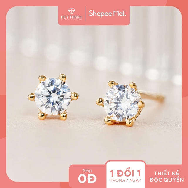 Bông Tai Vàng Tây Thiết Kế Đơn Giản Đính Đá CZ BTAM121 - Huy Thanh Jewelry (KÈM TÚI GẤM)
