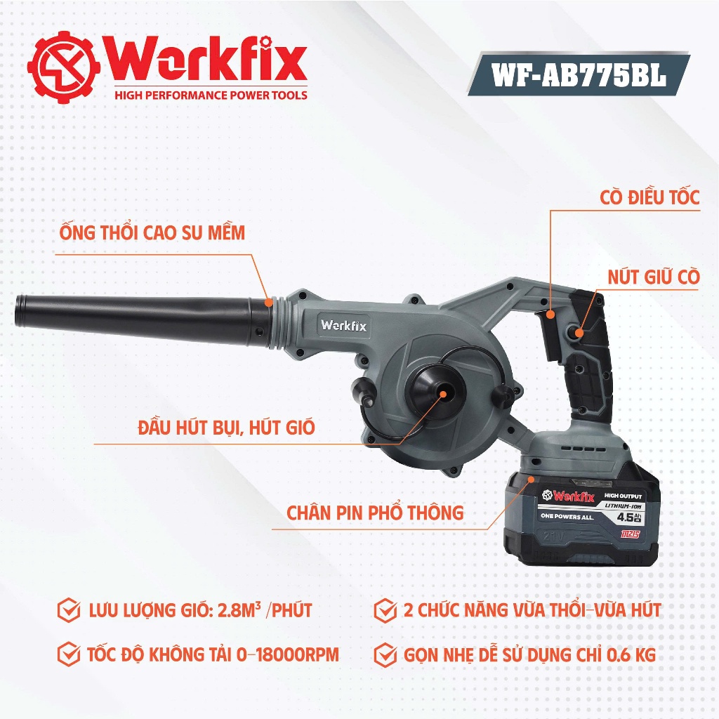 [Chính Hãng] Máy Thổi, Hút Bụi Workfix WF-AB775BL Chuyên Thổi Lá, Rác, Hút Bụi, Chân Pin Phổ Thông