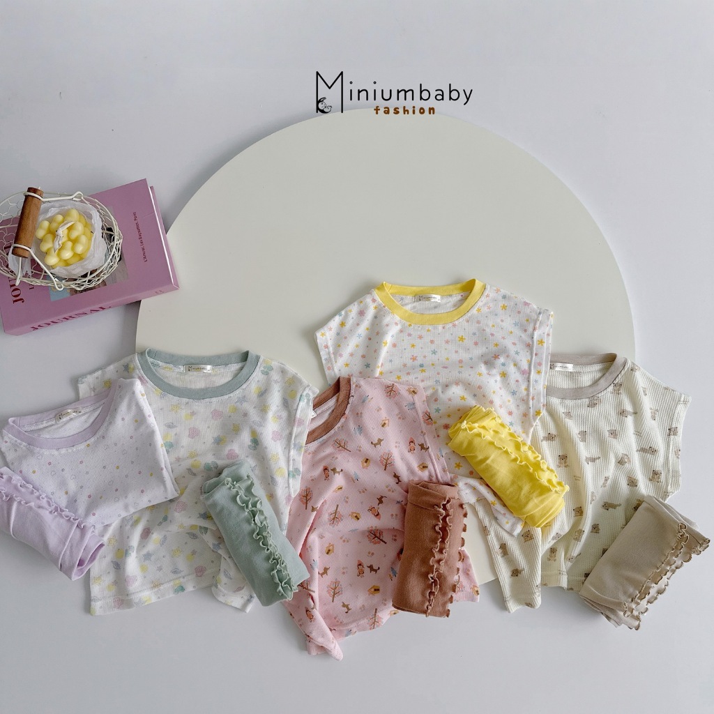 Set bộ cộc tay bé gái Miniumbaby đính nơ mix hoạ tiết dáng quần suông, chất cotton thoáng khí SB2397