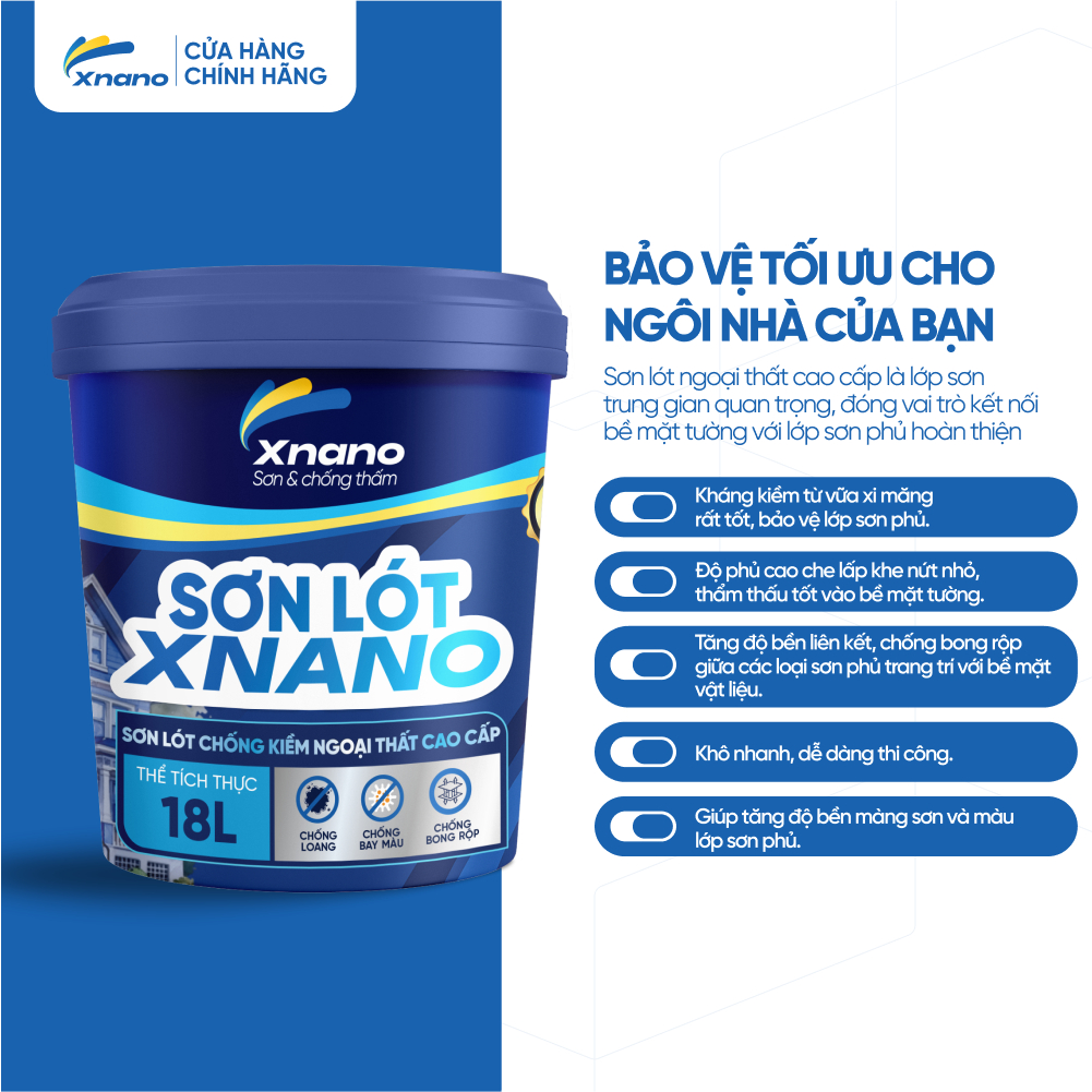 Sơn Lót Ngoại Thất XNANO 5L/18L – Chống Kiềm, Bám Dính Tốt, Chống Bong Tróc & Phai Màu | Bảo Hành 5 Năm + Tặng Chổi