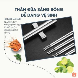 Combo 5 vỉ đũa inox SUS 304 vân hoa chống trơn trượt cao cấp phong cách Hàn Quốc