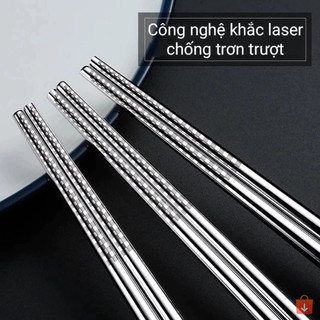 Combo 5 vỉ đũa inox SUS 304 vân hoa chống trơn trượt cao cấp phong cách Hàn Quốc