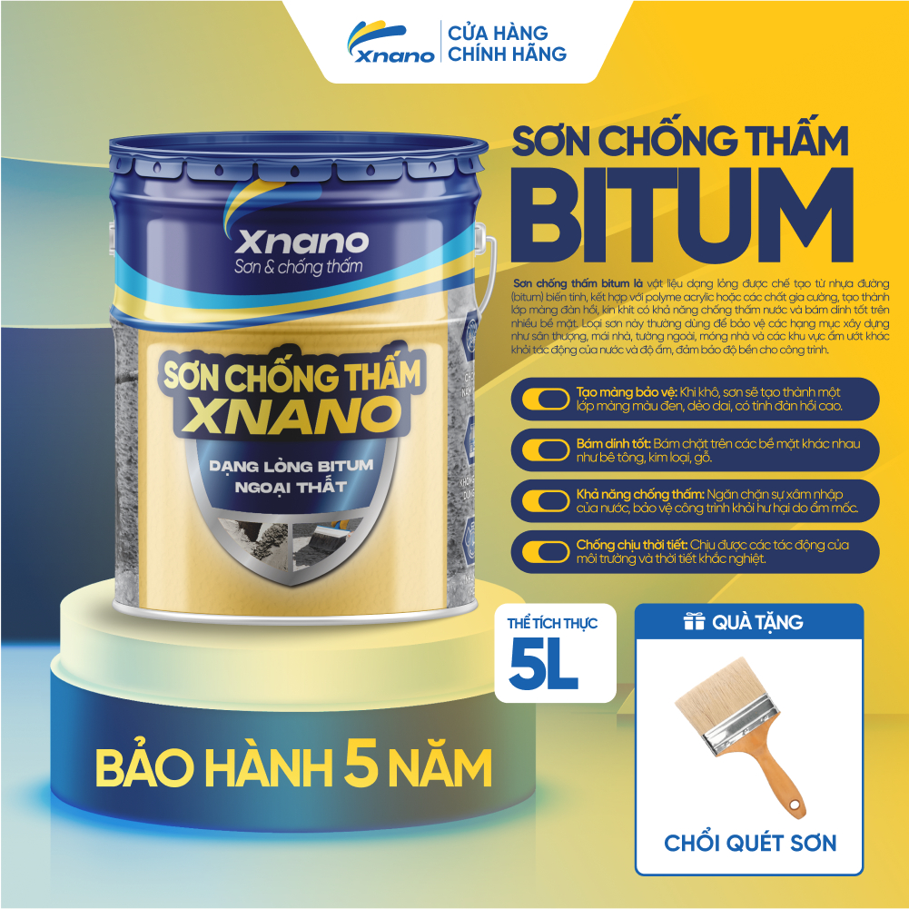 Sơn Chống Thấm XNANO Bitum Dạng Lỏng Ngoại Thất 1L / 5L – Siêu Bám Dính, Ngăn Nước Tuyệt Đối – Tặng Chổi Quét | Bảo Hành