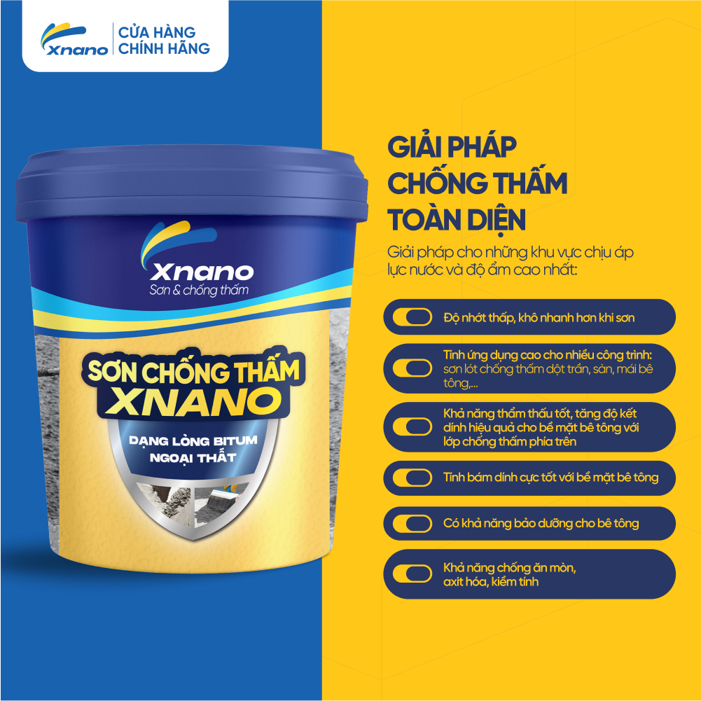 Sơn Chống Thấm XNANO Bitum Dạng Lỏng Ngoại Thất 1L / 5L – Siêu Bám Dính, Ngăn Nước Tuyệt Đối – Tặng Chổi Quét | Bảo Hành